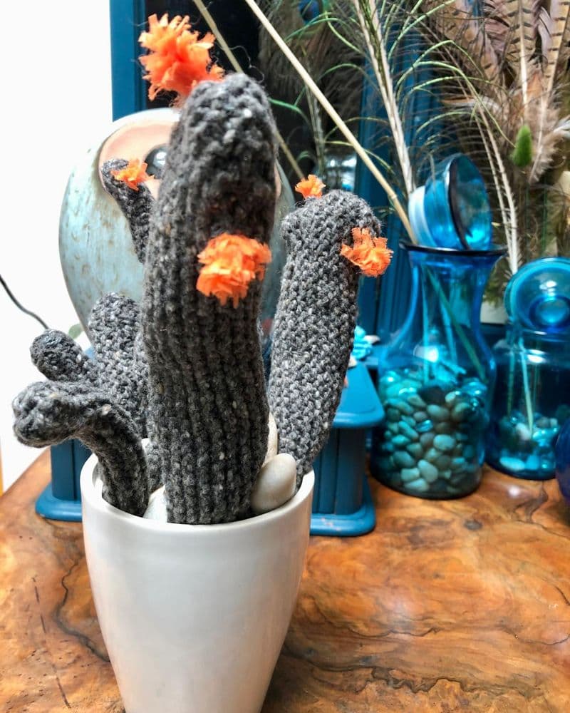 cactus laine grise et papier de soie orange